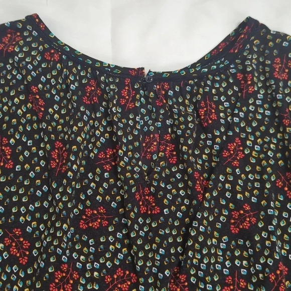 Loft Floral Lace Trim Smocked Cuff Blouse, Color Black/Turquoise/Red Size SP - Picture 12 of 15